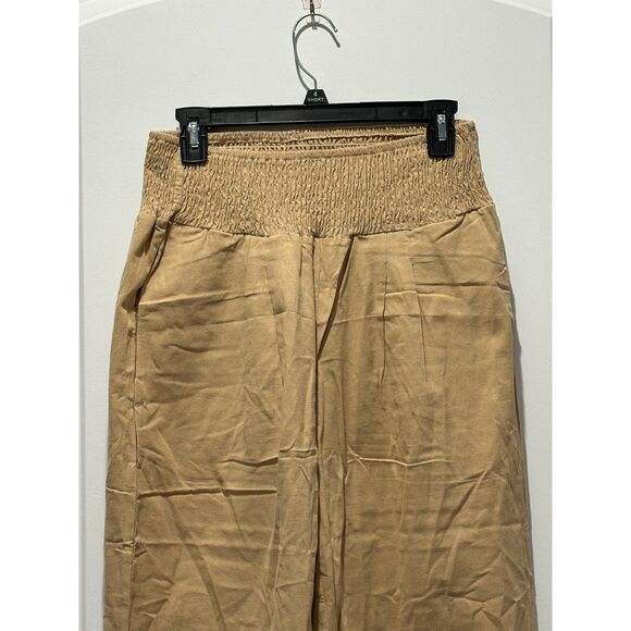 NWOT Dark Tan Smocked Waist Linen Blend Wide Leg Pants Size Medium - Picture 5 of 5